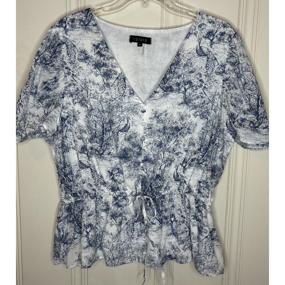 Toile V-Neck Feminine Cotton Blouse Size XL French Country Cottagecore Romantic
